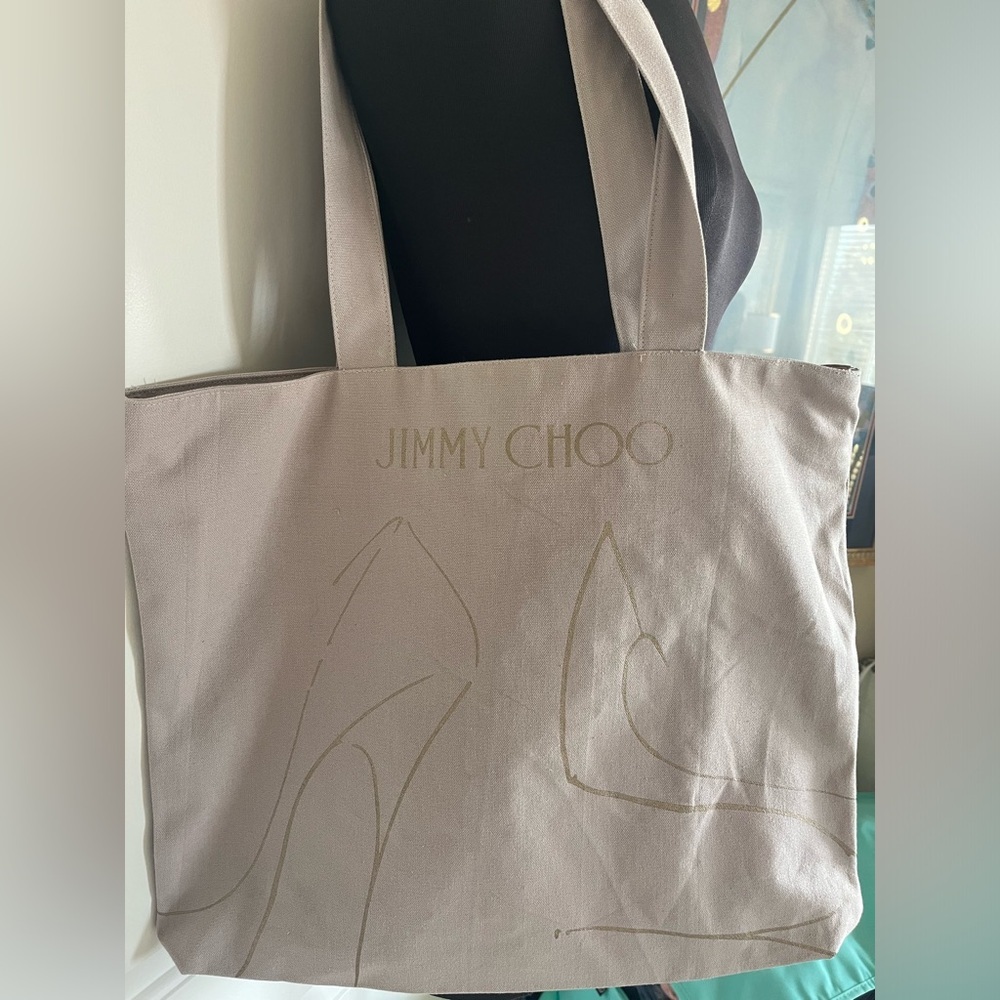 Jimmy Choo Canvas & Gold Hardware Logo Tote Bag Natural